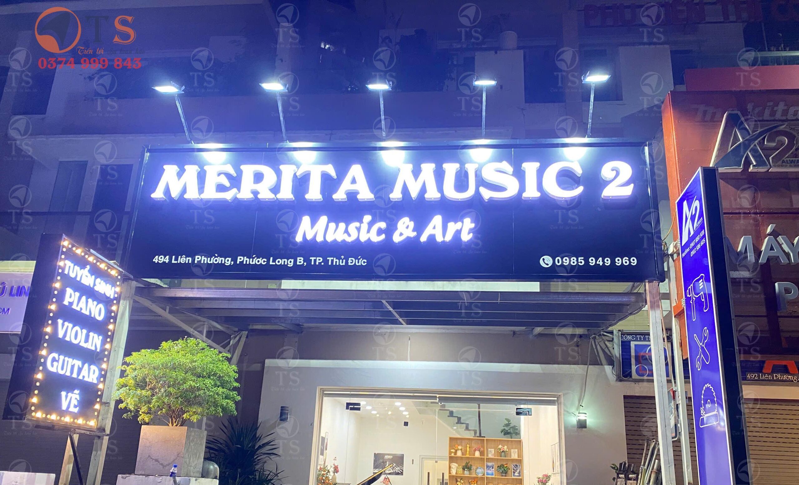 Thi công bảng hiệu chữ nổi mica LED – MERITA MUSIC 2 | Quảng Cáo TS